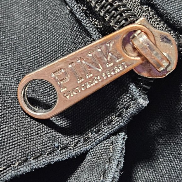 Victorias Secret PINK Black Canvas Tote Large Bag Zipper Closure Bold Logo - Picture 6 of 7